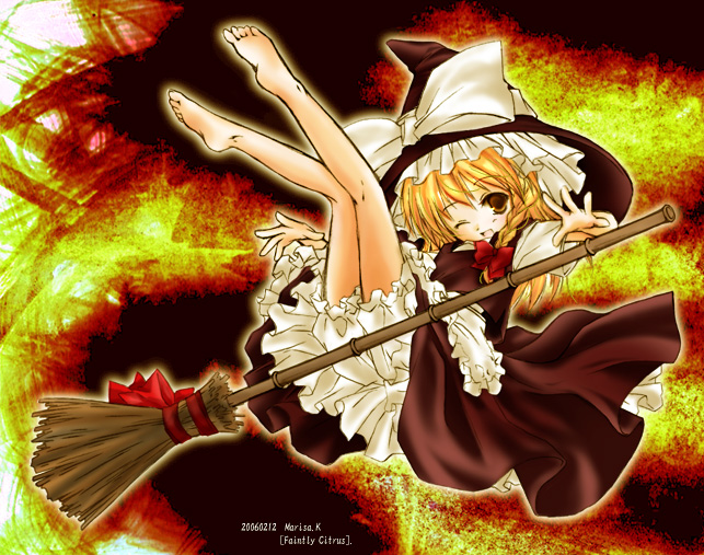 honokan, kirisame marisa, touhou, 1girl, blonde hair, bloomers, braid, broom, broom riding, female focus, hat, one eye closed, solo, underwear, white bloomers, wink, witch, witch hat