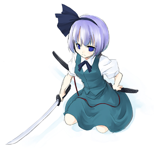 sakuraba yuuki, konpaku youmu, touhou, lowres, 1girl, black hairband, blue hair, female focus, hairband, katana, ribbon, school uniform, serafuku, short hair, skirt, solo, sword, weapon, white background