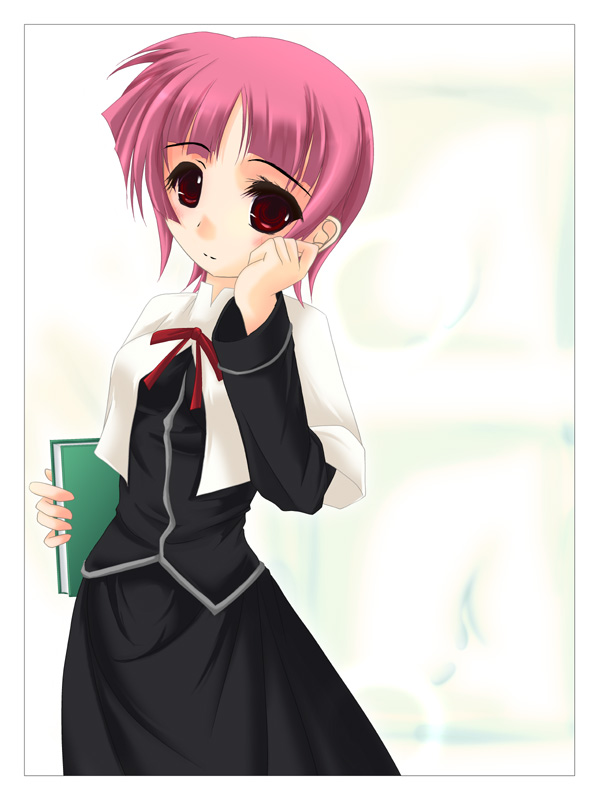 frapowa, schach nouera, lyrical nanoha, mahou shoujo lyrical nanoha, mahou shoujo lyrical nanoha strikers, 00s, 1girl, black dress, blouse, blush, book, bow, dress, female focus, hand on own face, looking at viewer, nun, pink hair, red bow, red eyes, shirt, solo, traditional nun, white shirt