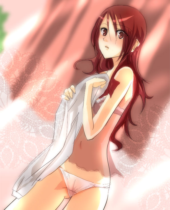 kirijou mitsuru, atlus, persona, persona 3, artist request, 1girl, blush, bra, chemise, female focus, lingerie, panties, shirt, solo, underwear, undressing