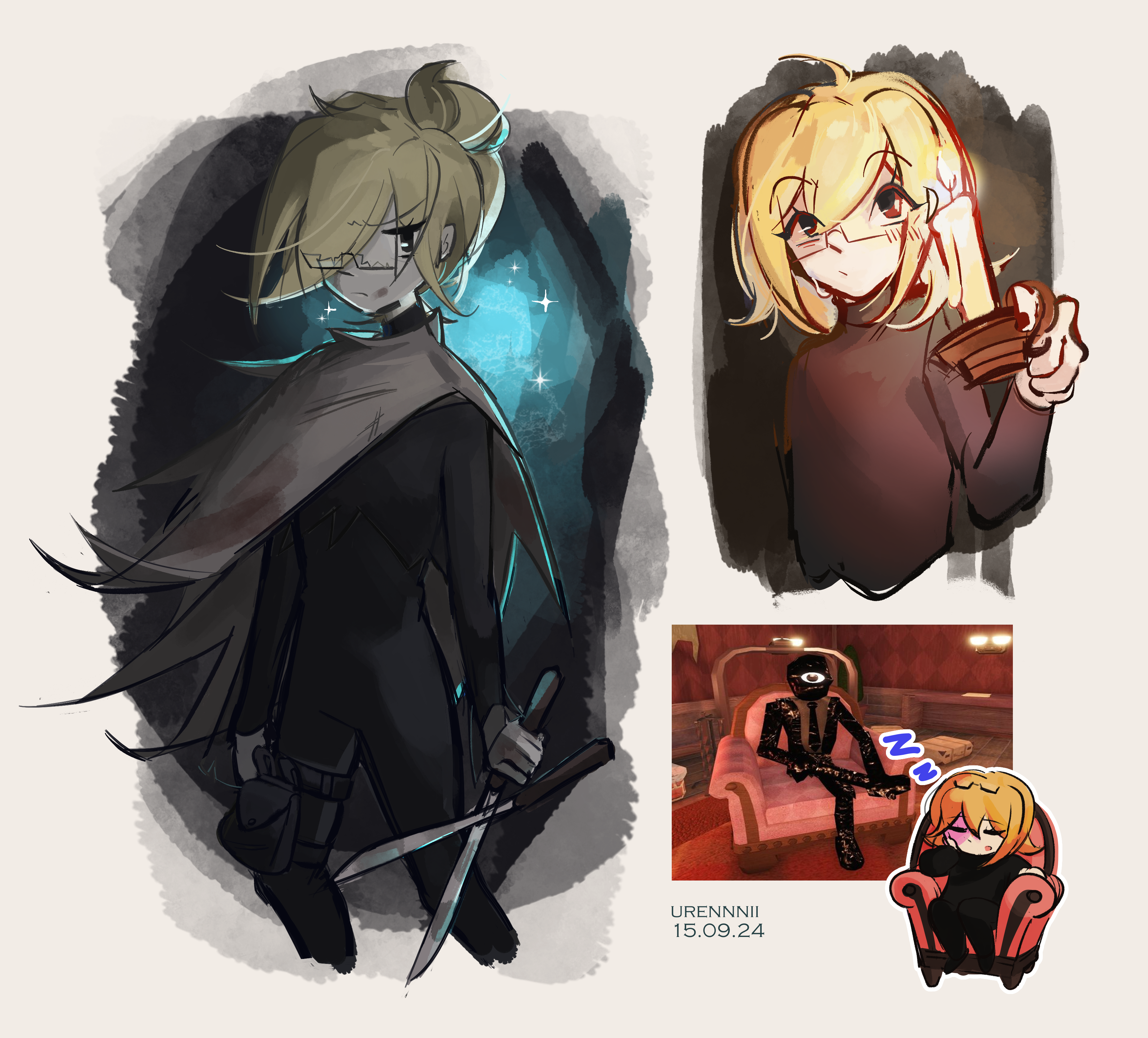 urennnii, player character (roblox), original, roblox, absurdres, highres, 1girl, black overalls, blonde hair, candle, candlestand, cape, chibi, cloak, doors (roblox), english text, game screenshot, glasses, holding, holding candle, holding candlestand, holding scissors, multiple views, overalls, scissors, seek (doors), short hair, sleeping, urennnii (roblox)
