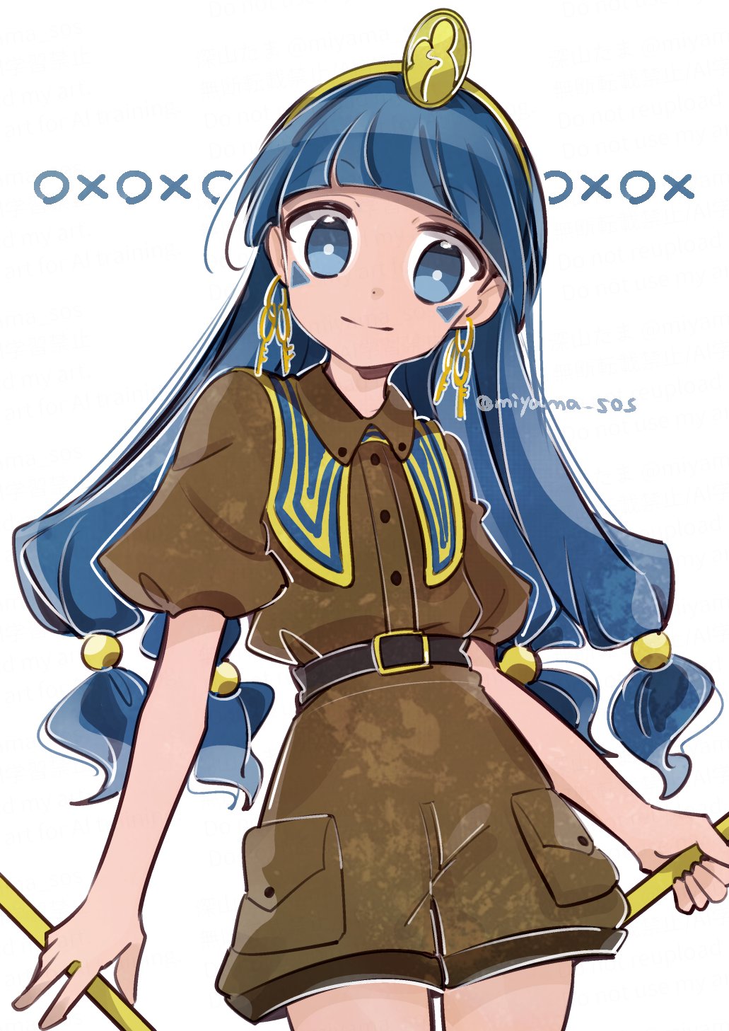 tama (hiroshige 36), michigami nareko, fossilized wonders, touhou, commentary, highres, 1girl, artist name, belt, blue eyes, blue hair, brown shirt, brown shorts, earrings, facial mark, holding, holding staff, jewelry, key earrings, long hair, looking at viewer, shirt, short shorts, shorts, simple background, solo, staff, triangle, triangle facial mark, white background