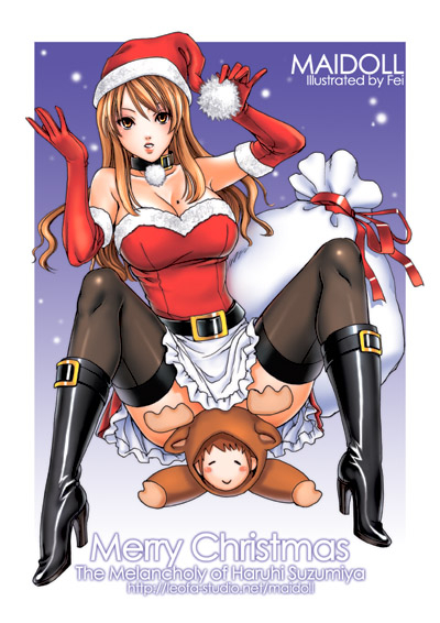 fei (maidoll), asahina mikuru, asahina mikuru (adult), kyon, suzumiya haruhi no yuuutsu, black footwear, 00s, 1boy, 1girl, aged up, animal costume, black thighhighs, boots, breasts, brown eyes, brown hair, christmas, cleavage, collar, elbow gloves, gloves, hat, high heel boots, high heels, large breasts, legs, long hair, mole, mole on breast, no panties, orange hair, red gloves, sack, santa costume, santa hat, shoes, spread legs, thighhighs, thighs