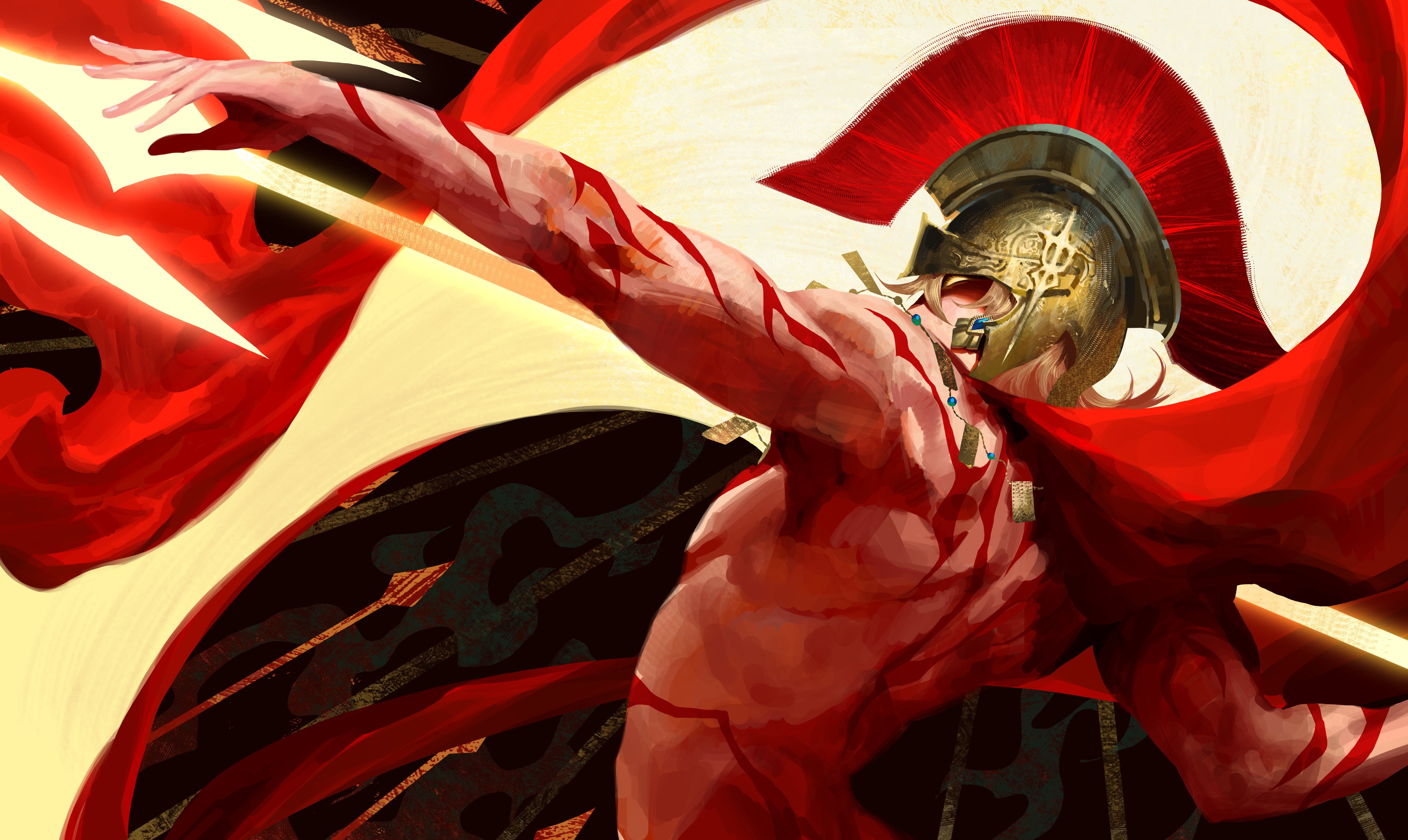 mydei (honkai: star rail), honkai: star rail, honkai (series), absurdres, highres, 1boy, arched back, arm tattoo, back tattoo, blonde hair, borger (borgerchorger), chest tattoo, covered eyes, gladiator, helm, helmet, javelin (spear), jewelry, male focus, medium hair, necklace, outstretched arm, plume, polearm, solo, spear, tattoo, throwing, topless male, weapon