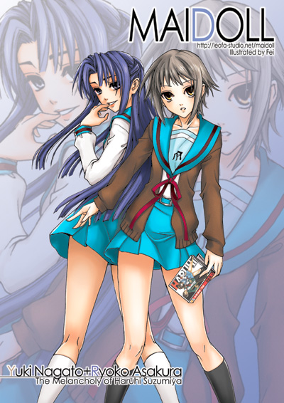 fei (maidoll), asakura ryoko, nagato yuki, suzumiya haruhi no yuuutsu, white legwear, 00s, 2girls, arms at sides, belt, black socks, blue eyes, blue hair, blue skirt, book, buckle, cardigan, character name, collarbone, copyright name, finger to mouth, grey hair, half updo, holding, holding book, kneehighs, legs apart, long hair, long sleeves, looking at viewer, multiple girls, open cardigan, open clothes, parted bangs, parted lips, pink lips, red ribbon, ribbon, school uniform, serafuku, short hair, skirt, smirk, socks, very long hair, zoom layer