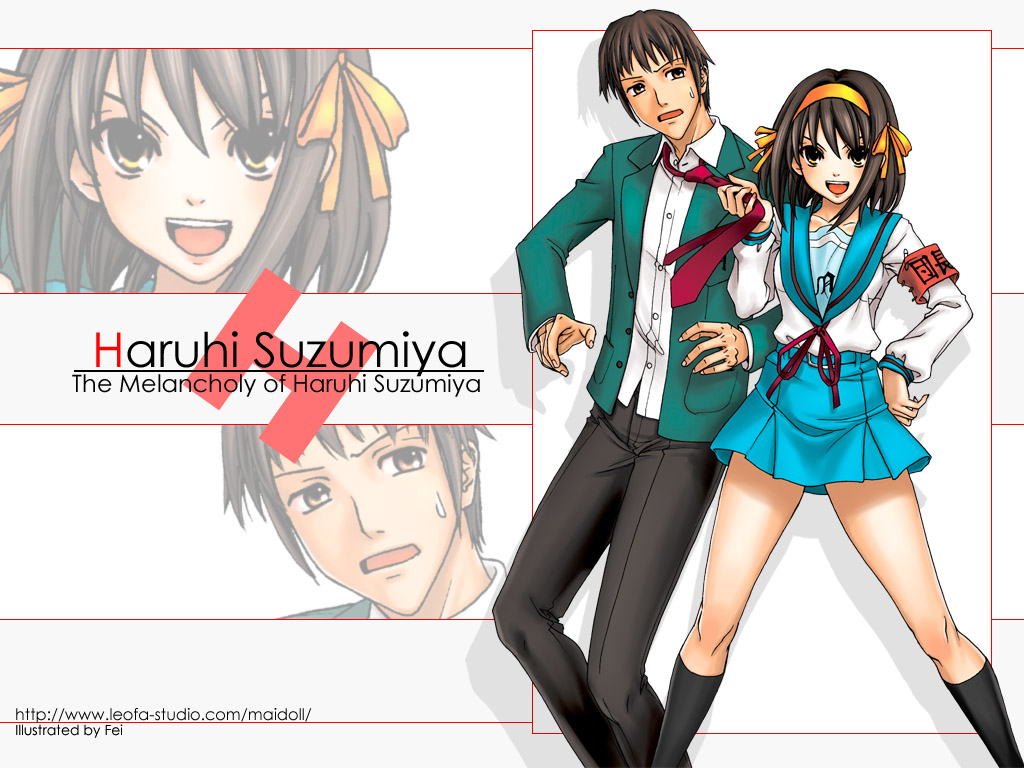fei (maidoll), kyon, suzumiya haruhi, suzumiya haruhi no yuuutsu, 00s, armband, brown hair, school uniform, serafuku, short hair