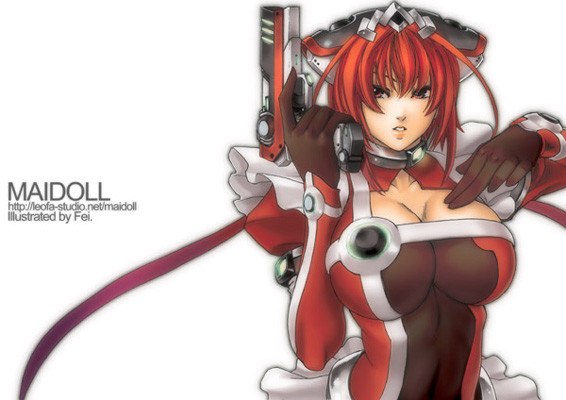 fei (maidoll), original, abs, breasts, cleavage, frills, gun, large breasts, red eyes, red hair, solo, trigger discipline, weapon
