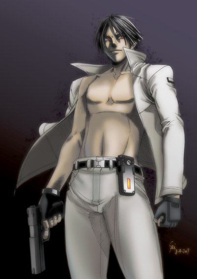 fei (maidoll), original, 1boy, black hair, fingerless gloves, gloves, gun, handgun, jacket, male focus, open clothes, open jacket, pistol, red eyes, solo, weapon