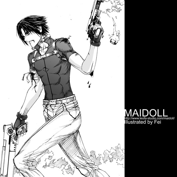 fei (maidoll), original, 1boy, casing ejection, dual wielding, greyscale, gun, handgun, holding, male focus, monochrome, pistol, shell casing, smoke, smoking barrel, solo, weapon, white background