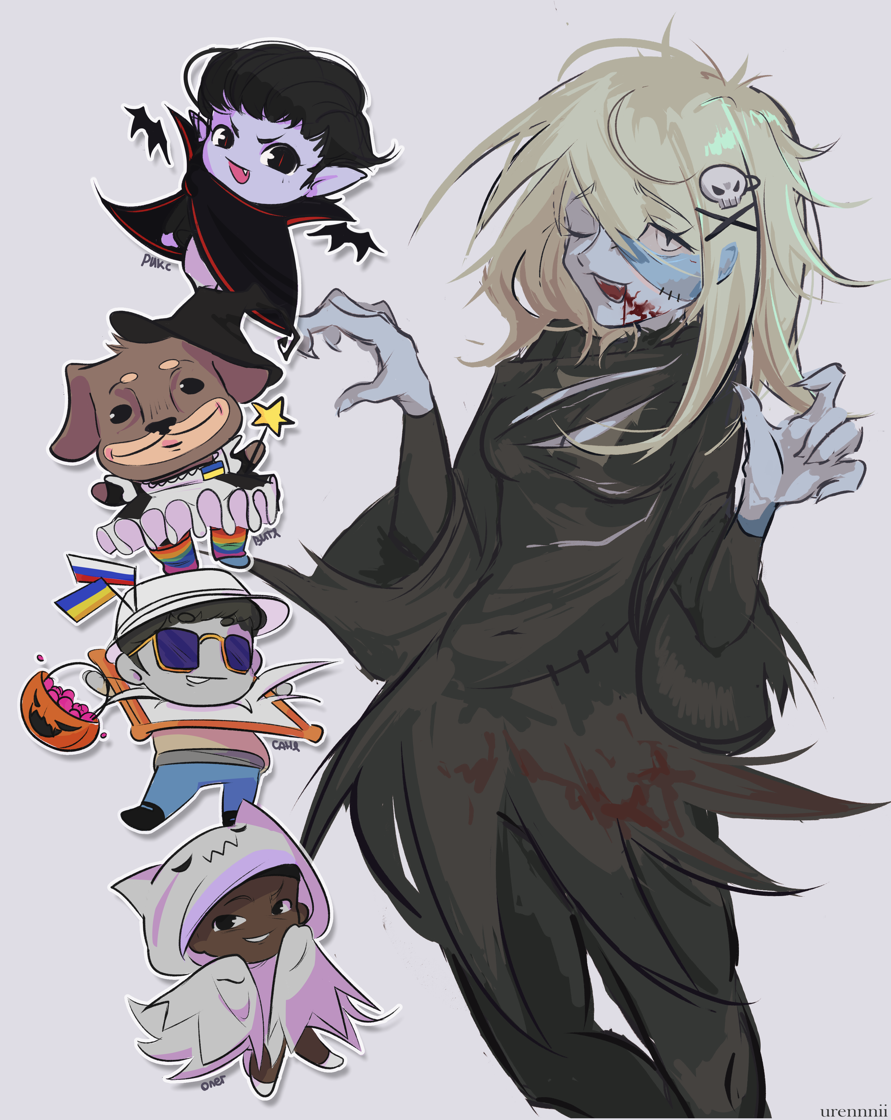 urennnii, player character (roblox), roblox, absurdres, highres, apron, bat wings, black skin, blonde hair, blood, blood on clothes, blood on face, bodysuit, candy, chibi, colored skin, cross hair ornament, dog, fingernails, food, ghost, ghost costume, grey skin, hair ornament, hairpin, halloween bucket, hat, long fingernails, maid apron, one eye closed, outstretched arms, purple skin, russian flag, russian text, sharp fingernails, sharp teeth, skull hair ornament, star wand, teeth, torn bodysuit, torn clothes, torn painting, ukrainian flag, urennnii (roblox), vampire, wings, witch hat, zombie pose