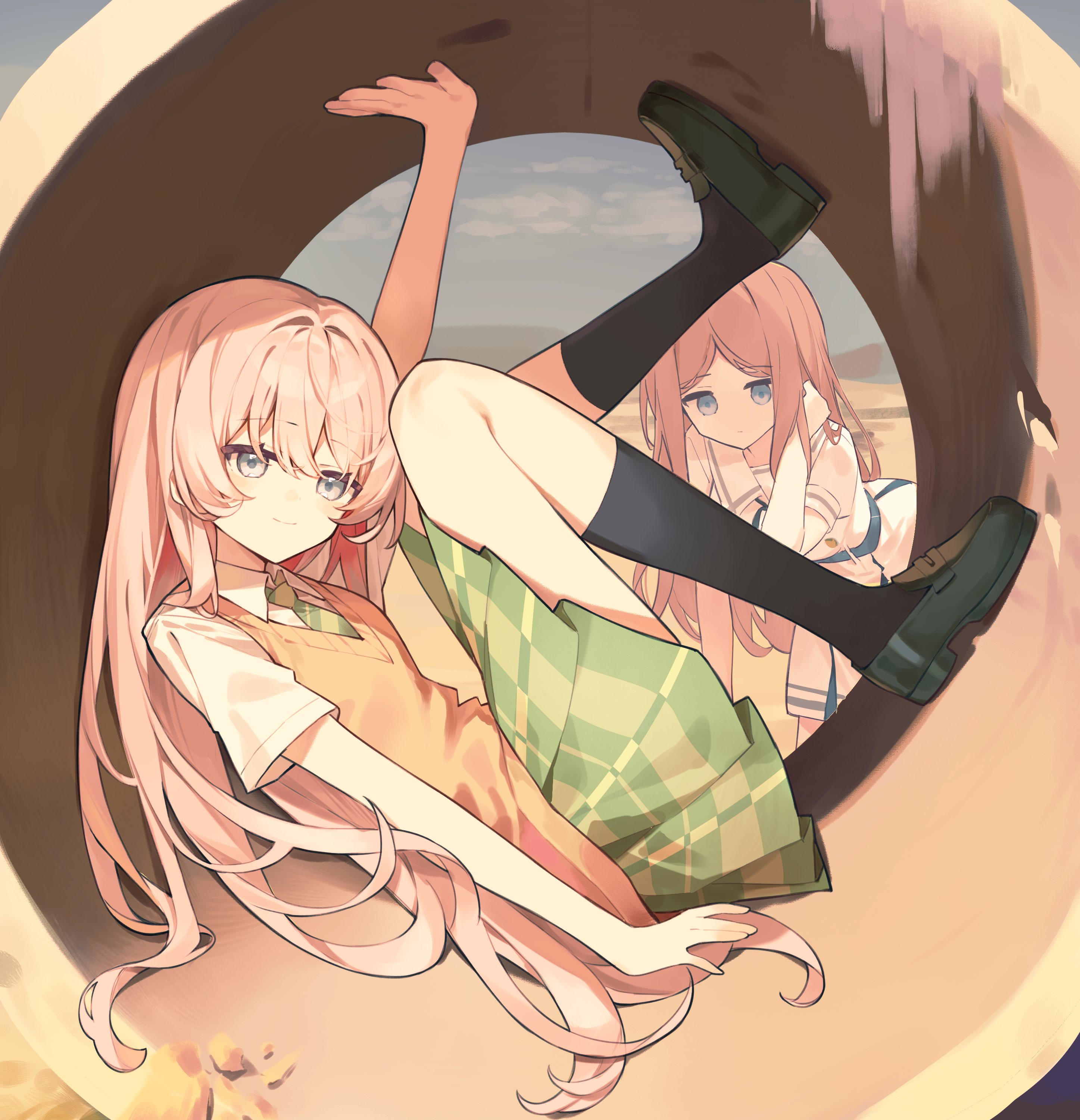 maidcode1023, chihaya anon, nagasaki soyo, bang dream!, bang dream! it's mygo!!!!!, absurdres, highres, 1girl, 2girls, arm up, black socks, blue eyes, brown hair, closed mouth, collared shirt, diagonal-striped clothes, green necktie, green skirt, grey eyes, haneoka school uniform, kneehighs, loafers, long hair, looking at viewer, multiple girls, mygo!!!!! (bang dream!), necktie, parted bangs, pink hair, plaid clothes, plaid skirt, pleated skirt, sailor collar, school uniform, shirt, shoes, short sleeves, skirt, smile, socks, striped clothes, sweater vest, white sailor collar, white shirt, yuri