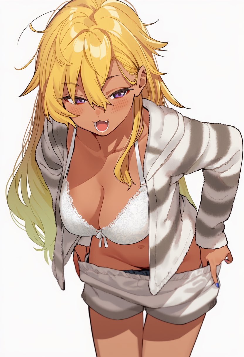 original, commentary request, highres, 1girl, asymmetrical bangs, blonde hair, blue nails, bra, breasts, collarbone, cowboy shot, dark-skinned female, dark skin, fang, groin, hair behind ear, hair between eyes, lace, lace-trimmed bra, lace trim, legs together, long hair, long sleeves, medium breasts, navel, no panties, open clothes, open mouth, parted bangs, purple eyes, rose rnk exia, shadow, short shorts, shorts, solo, teeth, underwear, undressing, v-shaped eyebrows, white background, white bra, white shorts