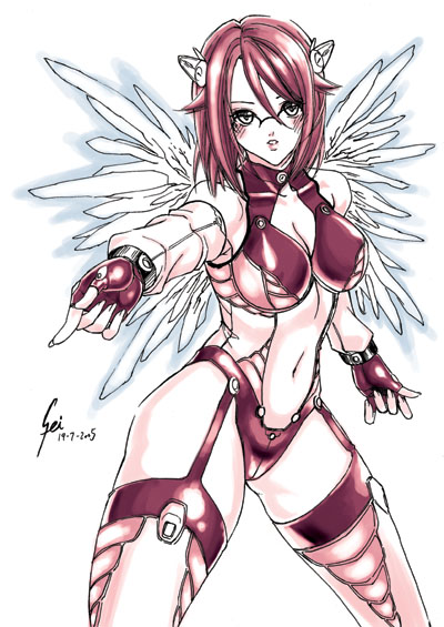 fei (maidoll), original, angel, glasses, red hair, short hair, solo, thighhighs, wings