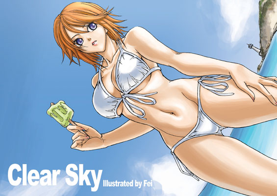 fei (maidoll), original, 1girl, bikini, blue eyes, contrapposto, day, female focus, food, groin, hand on own thigh, navel, ocean, orange hair, outdoors, popsicle, short hair, sky, solo, standing, swimsuit, toned, toned female, water, white bikini