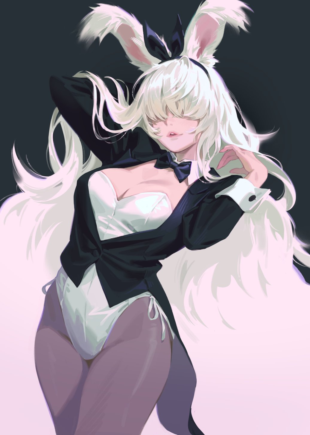 tunapon01, original, commentary, highres, symbol-only commentary, 1girl, animal ear hairband, animal ears, arm up, black background, black bow, black bowtie, black coat, black hairband, black pantyhose, bow, bowtie, breasts, cleavage, coat, cowboy shot, detached sleeves, facing viewer, fake animal ears, hair over eyes, hairband, hand in own hair, hand up, highleg, highleg leotard, leotard, long hair, medium breasts, pantyhose, parted lips, playboy bunny, rabbit ears, simple background, sleeve cuffs, solo, strapless, strapless leotard, tailcoat, very long hair, white leotard, white sleeve cuffs