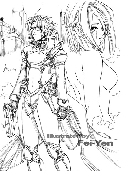 fei (maidoll), original, 1boy, 1girl, glasses, greyscale, gun, handgun, holster, monochrome, pistol, weapon