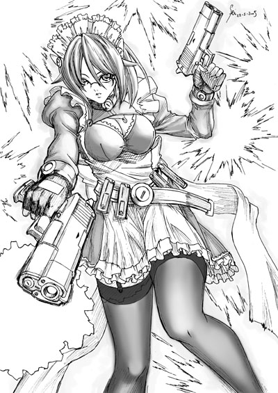 fei (maidoll), original, 1girl, breasts, combat maid, dual wielding, female focus, greyscale, gun, handgun, holding, maid, monochrome, pistol, short hair, solo, thighhighs, weapon