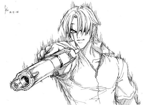 fei (maidoll), original, 1boy, aiming, greyscale, gun, handgun, male focus, monochrome, pistol, solo, upper body, weapon, white background