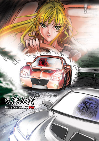 fei (maidoll), mitsubishi, original, lights, blonde hair, car, fingernails, glass, long hair, mirror, mitsubishi lancer evolution, motor vehicle, nail (hardware), opel (company), opel speedster, ponytail, road, solo, steering wheel, vehicle focus
