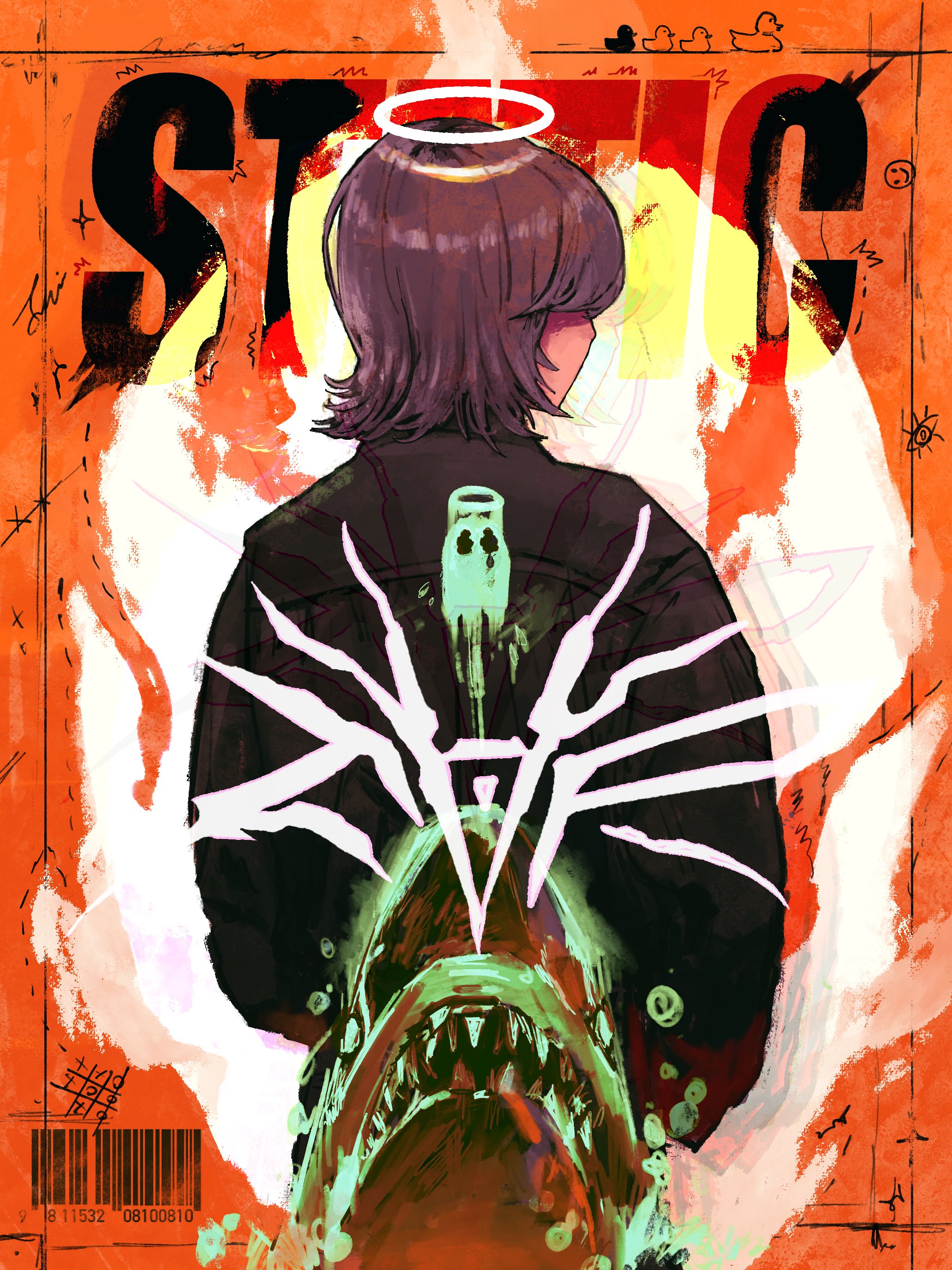 lui n24, original, absurdres, commentary, highres, symbol-only commentary, tagme, 1girl, barcode, black jacket, cowboy shot, english text, from behind, halo, jacket, long sleeves, orange background, print jacket, purple hair, shark print, short hair, solo, white halo
