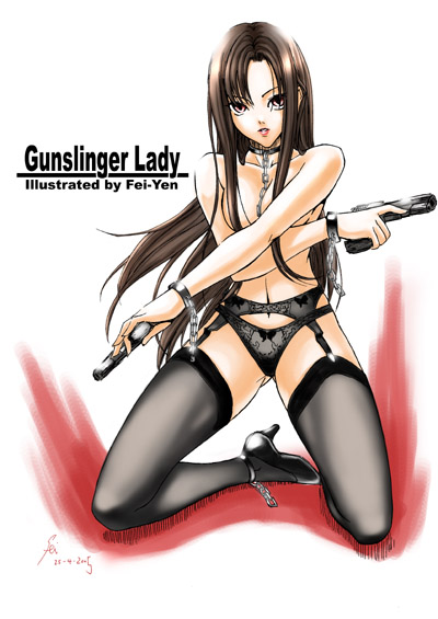 fei (maidoll), original, 1girl, black hair, black thighhighs, breasts, dual wielding, female focus, garter belt, gun, handgun, high heels, holding, large breasts, lingerie, long hair, panties, pistol, red eyes, shoes, solo, thighhighs, topless female, trigger discipline, underwear, weapon