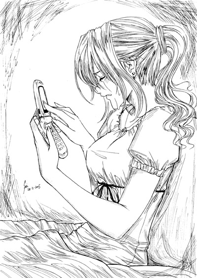 fei (maidoll), original, cellphone, greyscale, monochrome, phone, ponytail, sad, solo, tears
