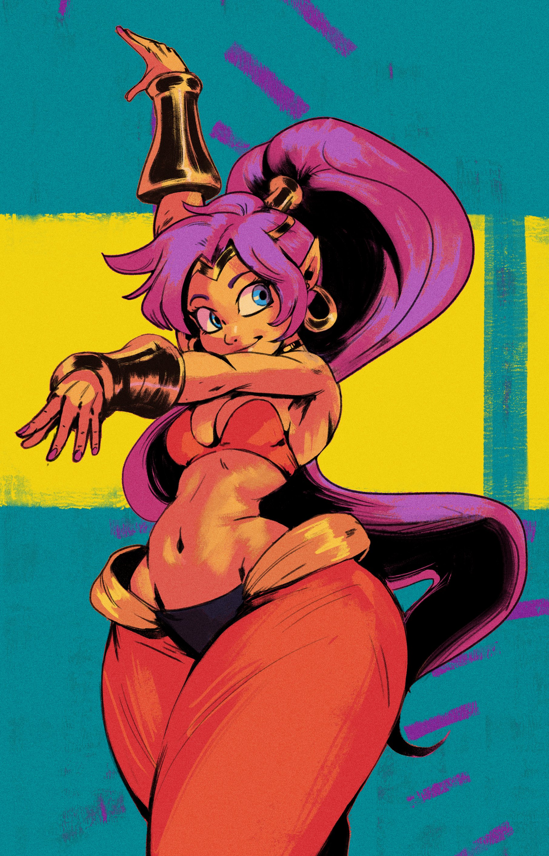 redblacktac, shantae, shantae (series), absurdres, highres, 1girl, armpits, bandeau, bare shoulders, belly dancing, black panties, blue eyes, bracer, breasts, choker, cleavage, cowboy shot, dancing, dark-skinned female, dark skin, earrings, from below, harem pants, high ponytail, hoop earrings, jewelry, looking to the side, navel, panties, pants, pointy ears, ponytail, red bandeau, simple background, solo, tiara, underwear