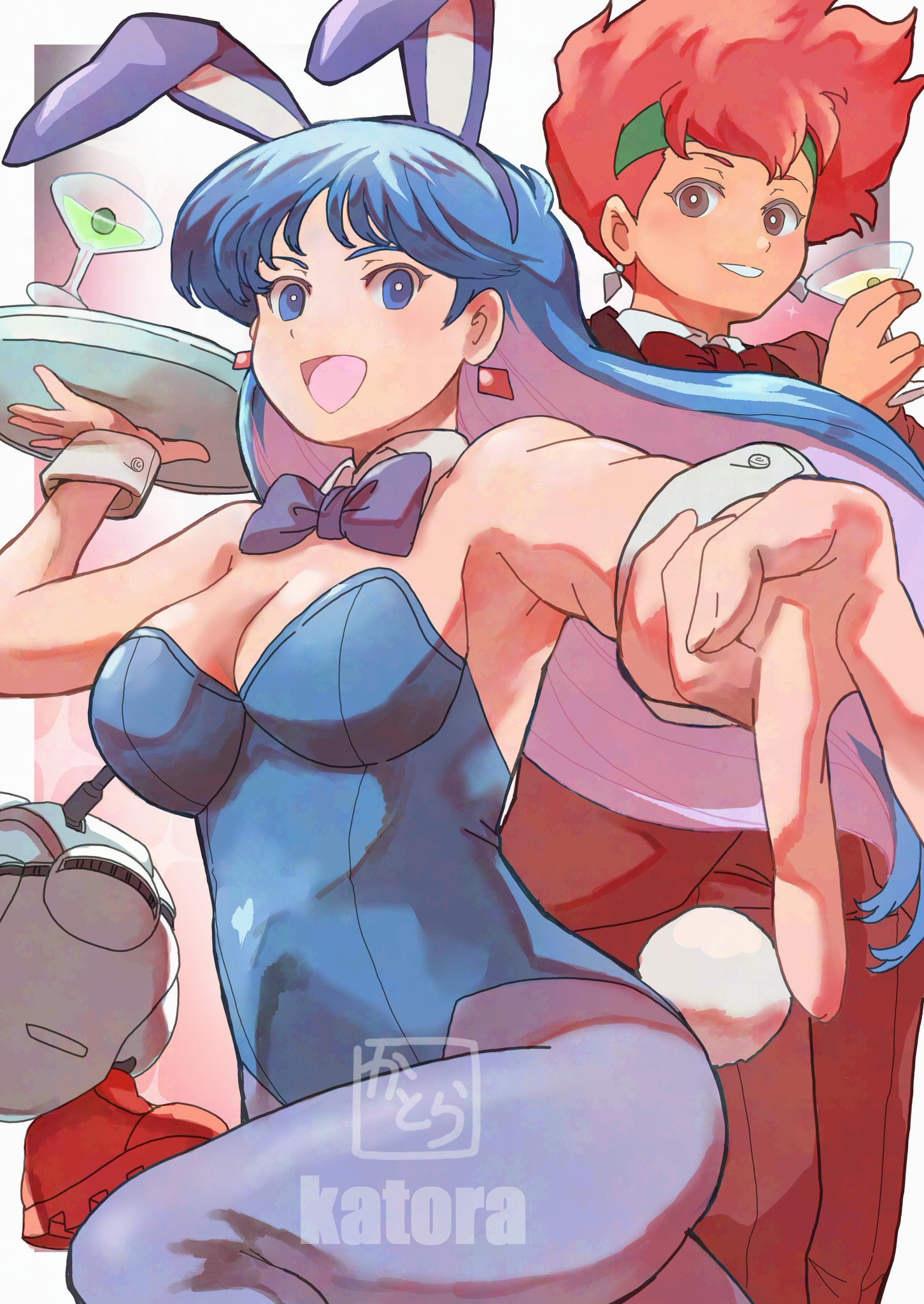 k katora, kei (dirty pair), nanmo, yuri (dirty pair), dirty pair, commentary request, highres, 2girls, :d, animal ears, bare shoulders, blue eyes, blue leotard, blue pantyhose, bow, bowtie, breasts, cleavage, cocktail glass, colored inner hair, cowboy shot, cup, dark-skinned female, dark skin, detached collar, diamond earrings, drinking glass, earrings, fake animal ears, fake tail, foreshortening, headband, holding, holding cup, holding plate, jewelry, leotard, long hair, looking at viewer, multicolored hair, multiple girls, olive, open mouth, pantyhose, plate, playboy bunny, rabbit ears, rabbit tail, red eyes, robot, short hair, signature, smile, tail, thighs, v, wrist cuffs