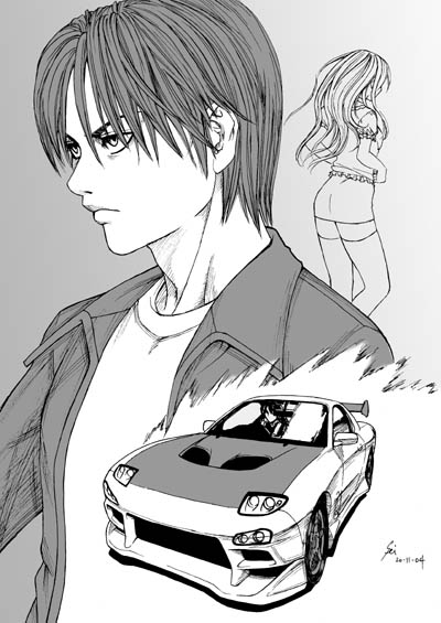 fei (maidoll), mazda, original, car, greyscale, mazda rx-7, mazda rx-7 fd, monochrome, motor vehicle, thighhighs