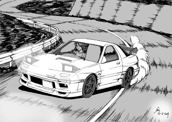 fei (maidoll), initial d, mazda, original, car, drifting, fc3s, greyscale, mazda rx-7, mazda rx-7 fc, monochrome, motor vehicle, vehicle focus