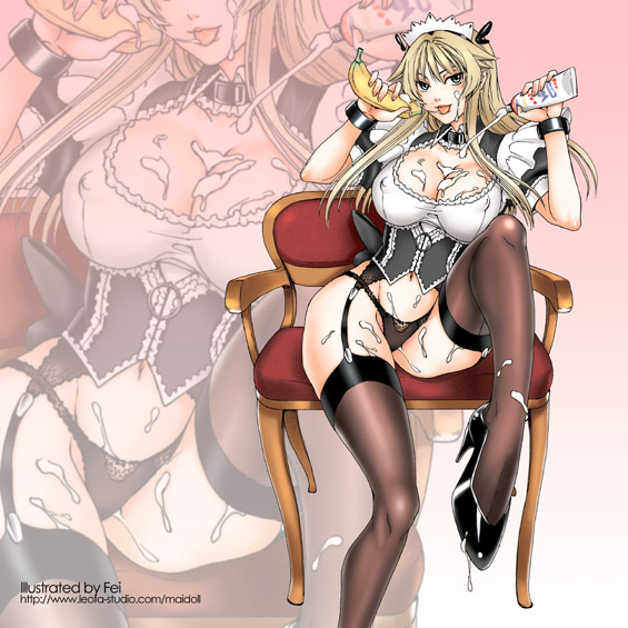fei (maidoll), original, 1girl, :p, blonde hair, breasts, corset, covered erect nipples, female focus, garter belt, high heels, large breasts, legs, lingerie, long hair, maid, maid headdress, panties, shoes, solo, thighhighs, tongue, tongue out, underwear