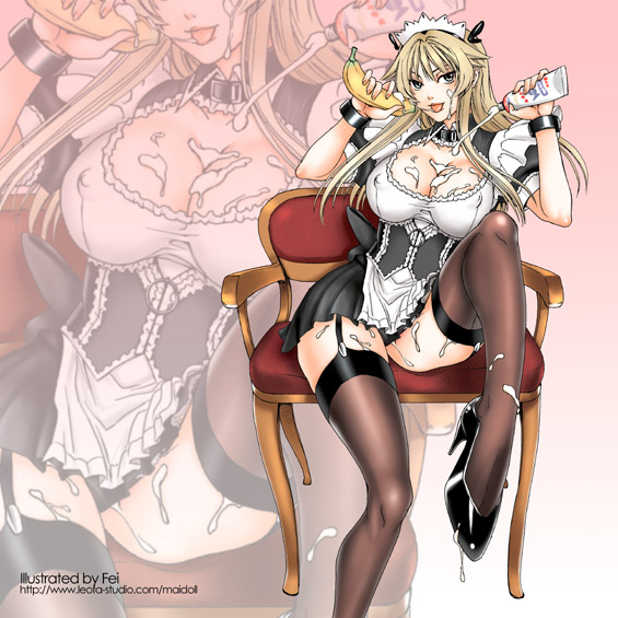 fei (maidoll), original, 1girl, :p, banana, black thighhighs, blonde hair, breasts, chair, cleavage, corset, covered erect nipples, female focus, food, fruit, garter straps, high heels, large breasts, legs, long hair, maid, maid headdress, on chair, pumps, shoes, sitting, skirt, solo, thighhighs, tongue, tongue out