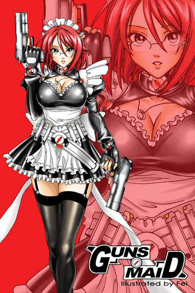 fei (maidoll), original, 1girl, black thighhighs, breasts, cleavage, combat maid, dual wielding, female focus, garter straps, glasses, gun, handgun, holding, maid, pistol, red hair, short hair, solo, thighhighs, weapon, zettai ryouiki