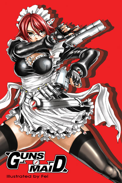 fei (maidoll), original, 1girl, black thighhighs, breasts, cleavage, combat maid, female focus, garter straps, glasses, gun, handgun, maid, pistol, red background, red hair, short hair, solo, thighhighs, weapon, zettai ryouiki