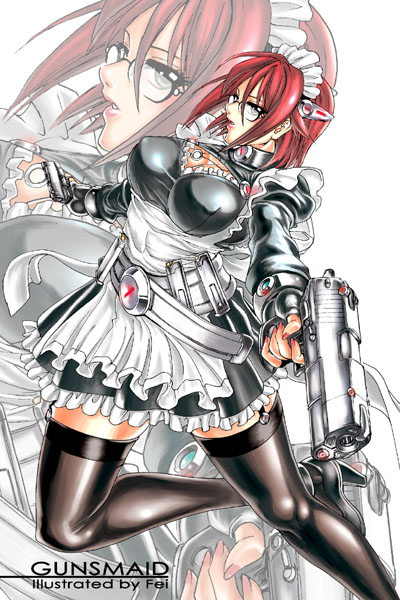 fei (maidoll), original, 1girl, combat maid, female focus, glasses, gun, handgun, maid, pistol, red hair, short hair, solo, thighhighs, weapon, zettai ryouiki