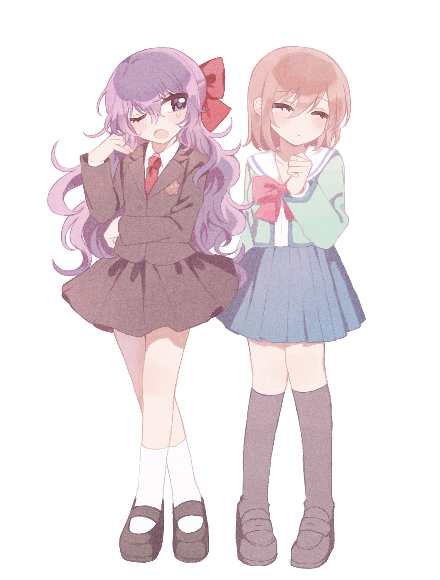 fuji shuusuke, mizuki hajime, tennis no ouji-sama, highres, 2girls, ;o, ankle socks, black jacket, black shoes, black skirt, black socks, blazer, blue eyes, blue skirt, blush, bob cut, bow, bowtie, brown hair, clenched hand, closed eyes, closed mouth, collared shirt, dot mouth, dot nose, eyelashes, film grain, full body, genderswap, genderswap (mtf), green shirt, hair between eyes, hair bow, half updo, hand on own opposite hip, hand up, jacket, kneehighs, loafers, long hair, long sleeves, looking at another, looking to the side, mary janes, miniskirt, mofulove cocoa, multiple girls, necktie, one eye closed, parted bangs, pleated skirt, purple hair, raised eyebrows, red bow, red bowtie, red necktie, sailor collar, school uniform, serafuku, shirt, shoes, side-by-side, simple background, skirt, socks, standing, sweatdrop, v-shaped eyebrows, wavy hair, white background, white shirt, white socks