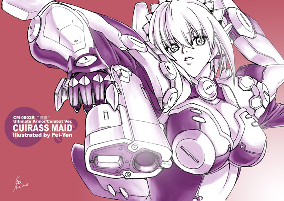 fei (maidoll), original, 1girl, breasts, cleavage, female focus, gun, large breasts, solo, weapon