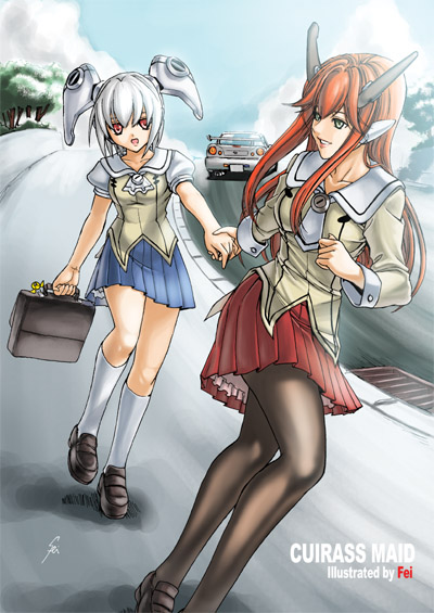 fei (maidoll), original, brown legwear, white legwear, 2girls, briefcase, day, holding hands, kneehighs, legs, multiple girls, outdoors, pantyhose, school briefcase, school uniform, serafuku, skirt, socks