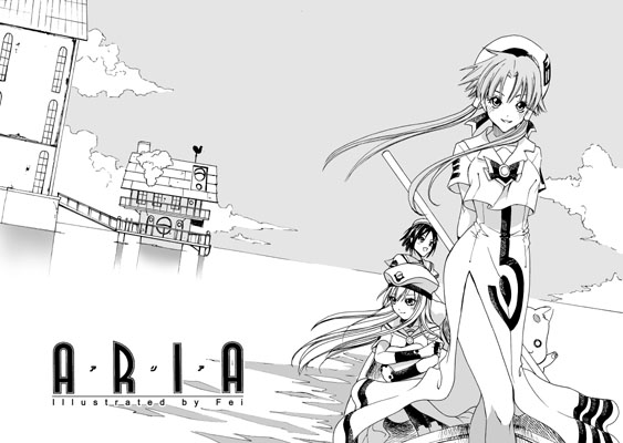 fei (maidoll), aika granzchesta, alice carroll, aria pokoteng, mizunashi akari, aria (manga), 00s, 3girls, beret, blouse, cloud, copyright name, dress, floating hair, greyscale, hair tubes, hat, looking at viewer, monochrome, multiple girls, shirt, sidelocks, sky, smile, standing, white shirt, wind