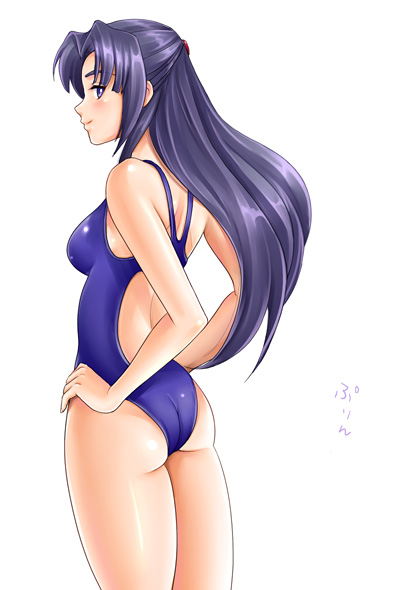 yumeno naka, asakura ryoko, suzumiya haruhi no yuuutsu, 00s, 1girl, ass, competition swimsuit, female focus, half updo, hands on own hips, looking back, one-piece swimsuit, profile, simple background, solo, swimsuit