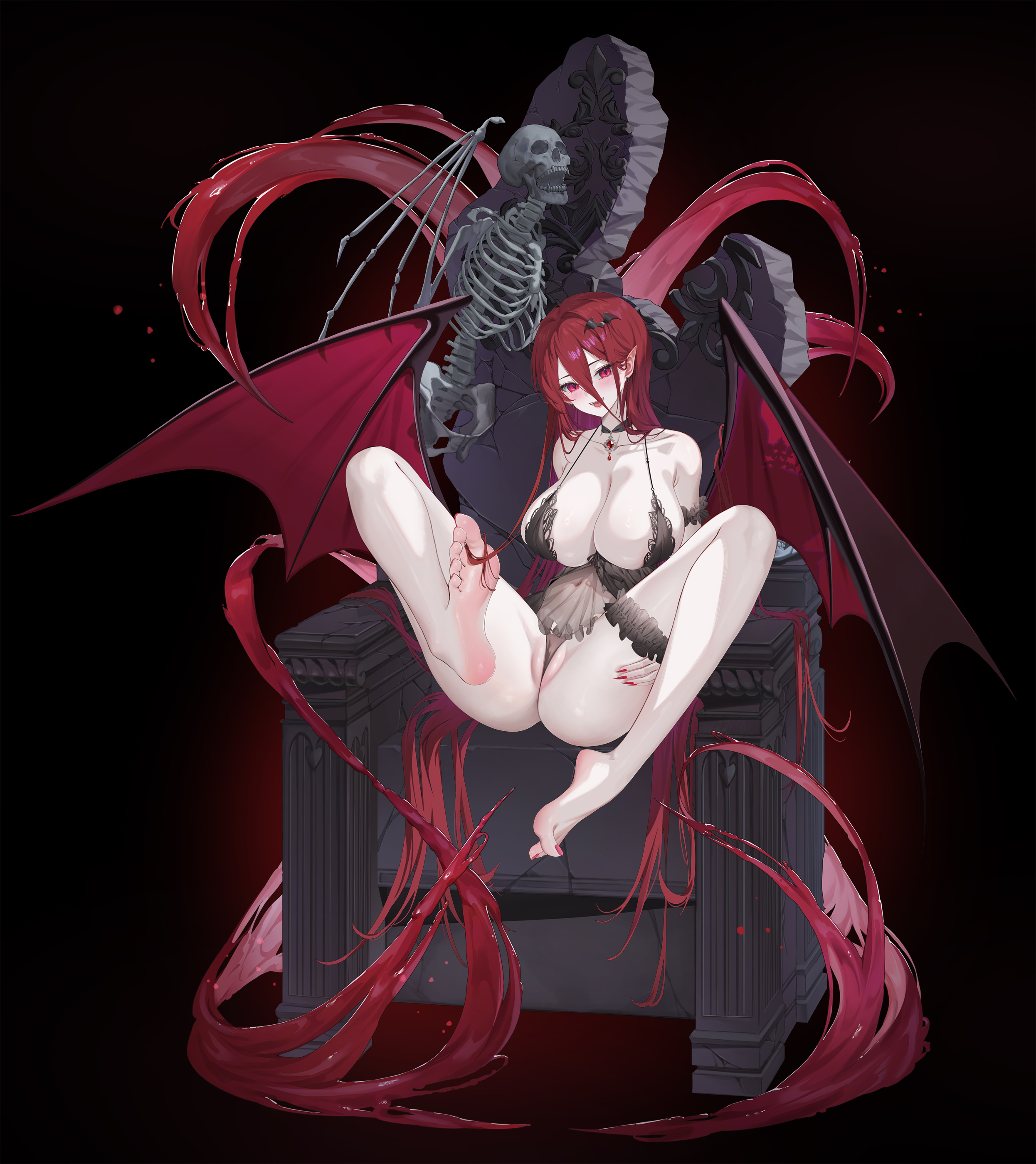 lichiko, original, absurdres, highres, 1girl, babydoll, bare arms, bare legs, bare shoulders, barefoot, bat wings, black babydoll, black panties, breasts, fangs, feet, fingernails, huge breasts, jewelry, large breasts, legs, long hair, pale skin, panties, partially visible vulva, pointy ears, red eyes, red hair, revealing clothes, sharp fingernails, sitting, skeleton, soles, spread legs, thighs, underwear, vampire, wings