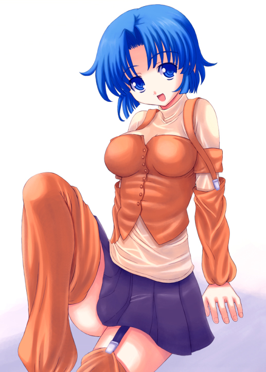 jounoji, kusuha mizuha, banpresto, super robot wars, blue eyes, blue hair, garter belt, short hair, skirt, solo, thighhighs