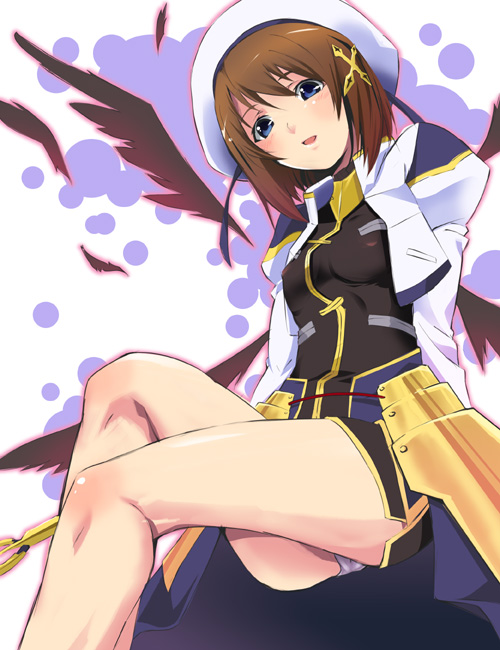 okiura, schwertkreuz, yagami hayate, lyrical nanoha, mahou shoujo lyrical nanoha, mahou shoujo lyrical nanoha strikers, 00s, 1girl, black wings, blue eyes, brown hair, female focus, hair ornament, hat, panties, pantyshot, short hair, skirt, solo, staff, underwear, wings, x hair ornament