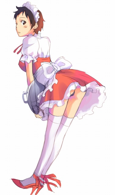 mosha, lenalee lee, d.gray-man, 00s, 1girl, apron, blush, female focus, high heels, leaning forward, looking at viewer, looking back, maid, maid headdress, panties, pantyshot, red heels, red shoes, shoes, short hair, short sleeves, simple background, solo, standing, thighhighs, tray, underwear, waist apron, waitress, white background, white thighhighs, zettai ryouiki