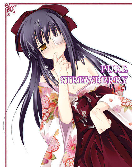 natsume eri, 1girl, bare shoulders, cum, english text, engrish text, eyepatch, female focus, finger in own mouth, hakama, hakama skirt, japanese clothes, ranguage, red hakama, simple background, skirt, solo
