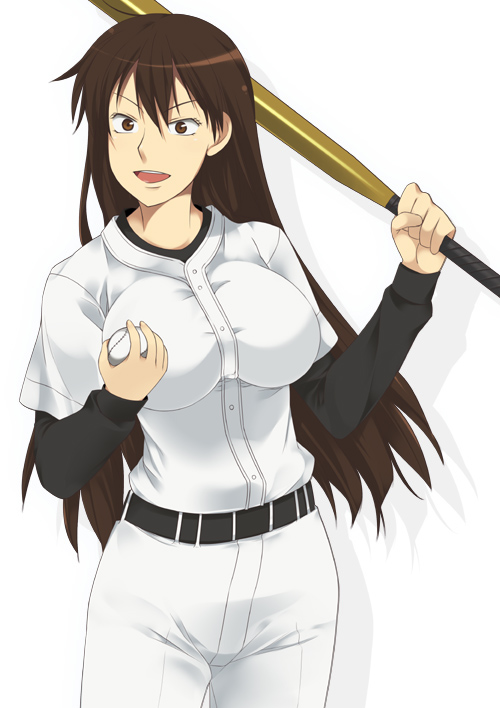 mizuki makoto, momoe maria, ookiku furikabutte, 00s, 1girl, ball, baseball, baseball (object), baseball bat, baseball uniform, breasts, brown eyes, brown hair, female focus, solo, sportswear