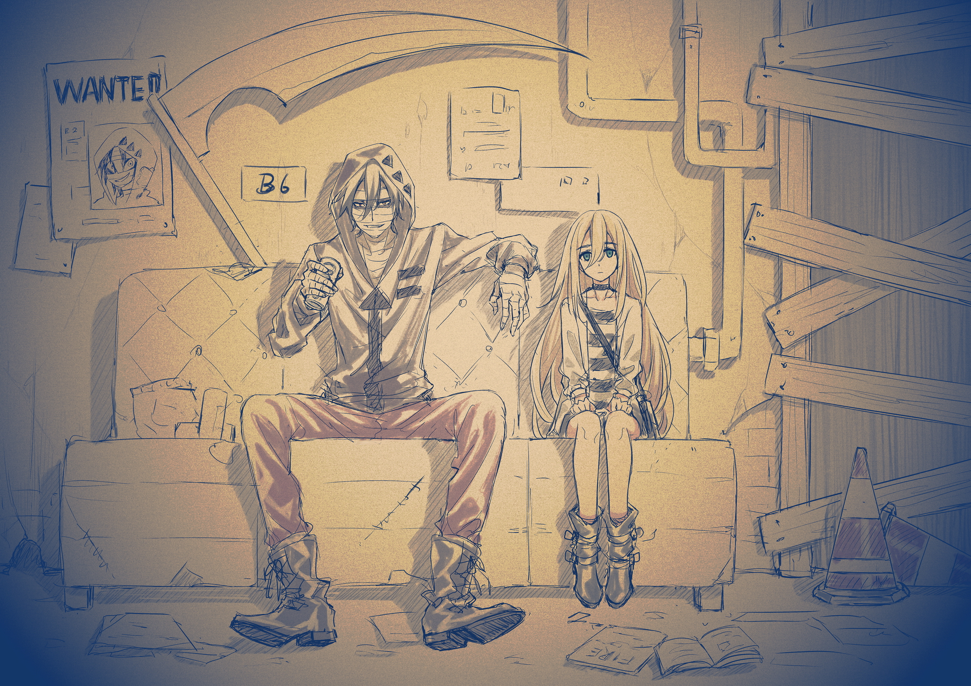 tidsean, isaac foster, rachel gardner, satsuriku no tenshi, highres, 1boy, 1girl, ankle boots, bag, bandaged hand, bandaged head, bandages, boots, couch, expressionless, hood, hood up, hoodie, indoors, jacket, long hair, looking at viewer, on couch, pants, scythe, shirt, short hair, shoulder bag, sitting, smirk, striped clothes, striped shirt, traffic cone, wanted poster