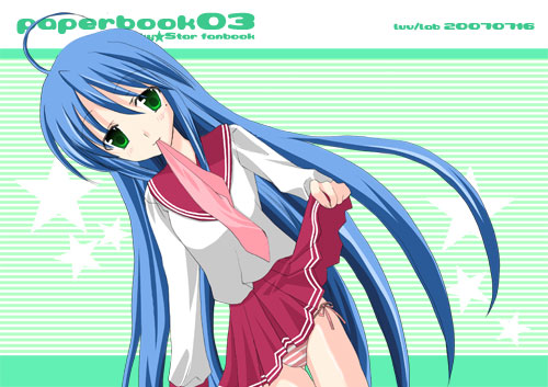 ll (artist), izumi konata, lucky star, lowres, 00s, 1girl, clothes lift, female focus, mole, mole under eye, mouth hold, neckerchief, panties, school uniform, serafuku, side-tie panties, skirt, skirt lift, solo, striped clothes, striped panties, underwear, unworn neckerchief