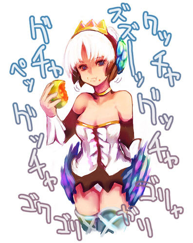 kara (color), gwendolyn (odin sphere), odin sphere, lowres, 1girl, dress, eating, female focus, panties, pantyshot, solo, strapless, strapless dress, underwear