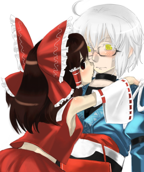 ono mochiko, hakurei reimu, morichika rinnosuke, curiosities of lotus asia, touhou, 1boy, 1girl, armpits, couple, frilled hair tubes, frills, glasses, hair tubes, hetero, japanese clothes, long hair, miko, simple background, white background